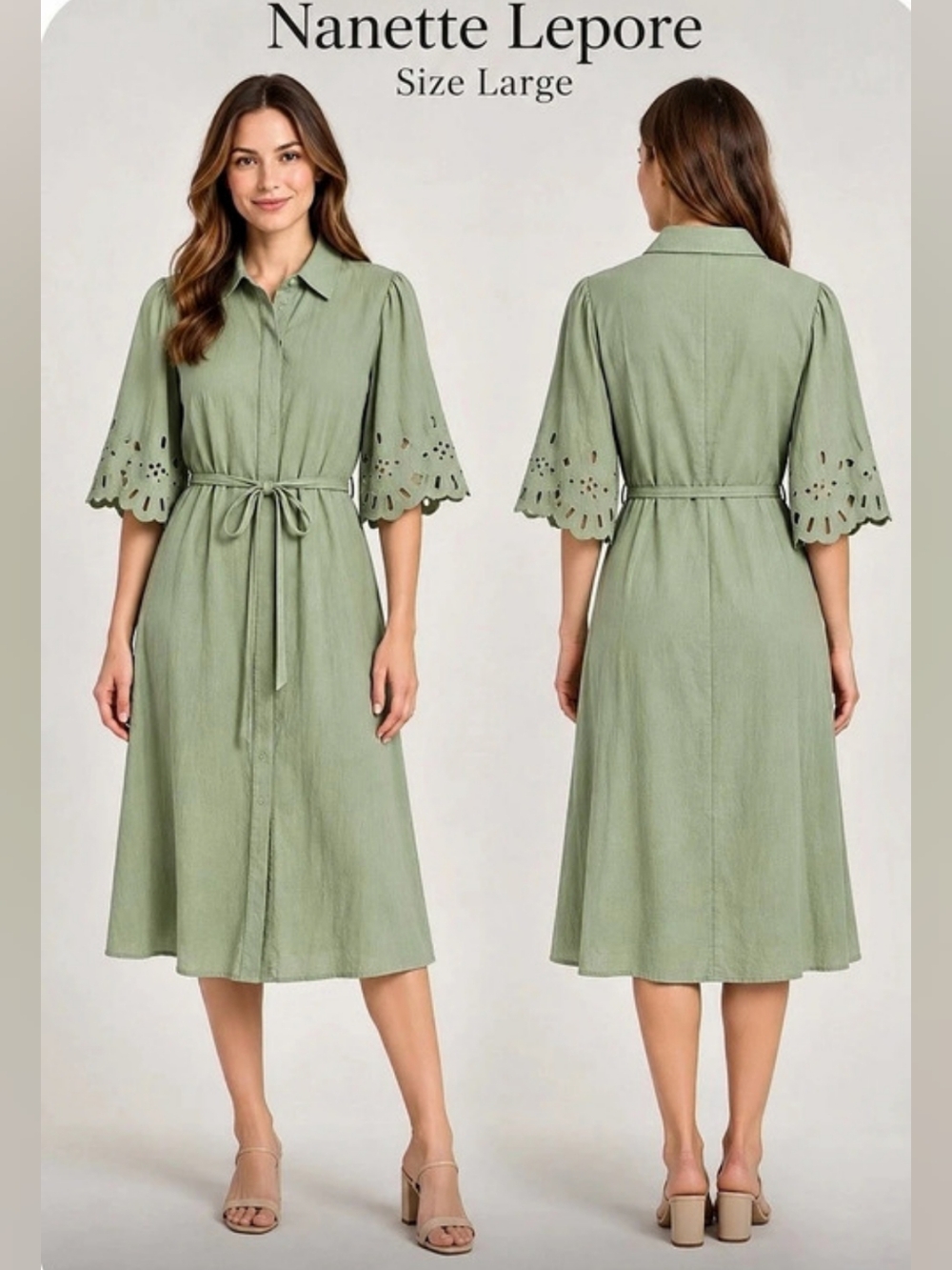 NWT Nanette Lepore V-neck Button Front Flounced Midi Dress Green Large